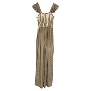 Sim &‎ Sam Womens Tan Floral Smocked Ruffle Wide Leg Jumpsuit Small Boho Pocket